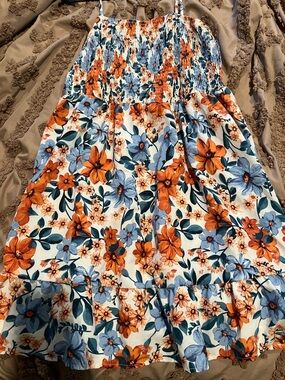 SHEIN Orange & Blue Floral Smocked Midi Dress